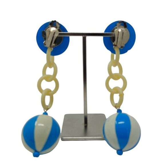 Blue and White Striped Ball Dangle Clip-Ons - Picture 3 of 6